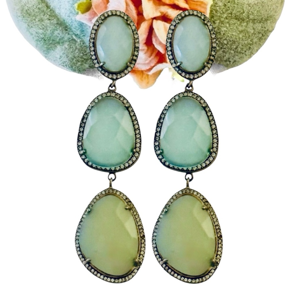 Blue Green Chalcedony-Style Triple Drop Earrings with Rhinestone Accents